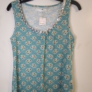 Elegant Teal Patterned Tank Top with Silver Details